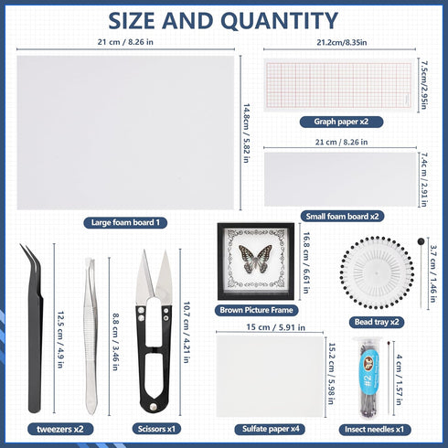 Insect Specimen Tools Kit - EVA Foam Pinning Board, Coordinate Paper, Wings Pressing Paper, Insect Pins & Butterfly
