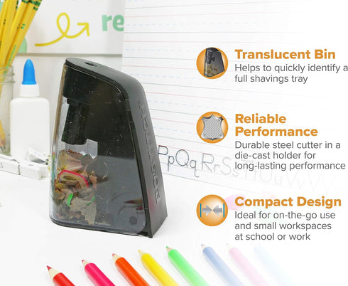 Bostitch Office Battery Pencil Sharpener, Hinged Tray, Colored Pencil Compatible, Black (BPS2-BLACK) and Blue