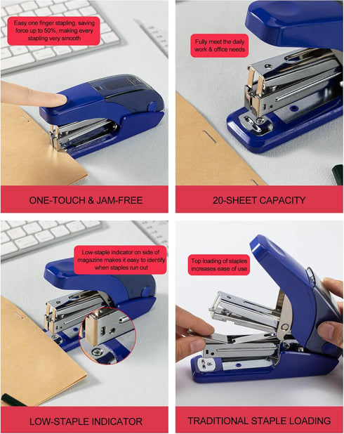 Effortless Standard Stapler Set, Dark Blue, 20 Sheet Capacity, Half Strip, Built-in Staples Storage, 1000 Staples