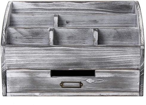VERGOODR Rustic Wooden Office Desk Organizer, 5 Compartment with 2 Drawers, Grey White Storage Box for Pens Notebooks