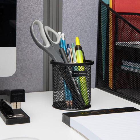 Mind Reader Pen and Accessories Holder, Set of 3, Desktop Organizer, Office, Metal Mesh, 3.5" L x 3.5" W x 3.75" H, Black by Mind Reader