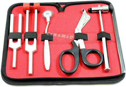5 Piece Student Diagnostic Kit - Reflex Neurological Buck Hammer And Tuning Fork Set C 128 And C 512. Includes Wartenberg Pinwheel, Premium Steel Bandage Scissor 7.5” Black by Cynamed
