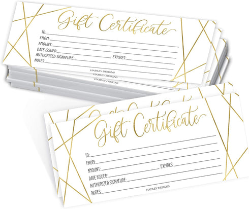 Hadley Designs 25 Gold Geo Blank Gift Certificates for Small Business, Elegant Paper Voucher for DIY Coupon Cards, 4x9"