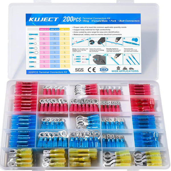 Kuject Heat Shrink Wire Connectors, Multipurpose Waterproof Electrical Wire Terminals Kit, 200PCS for Automotive
