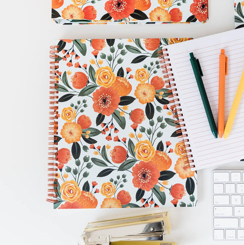 Steel Mill & Co Large Spiral Notebook, College Ruled, 11" x 9.5", Durable Hardcover, 160 Lined Pages, Orange Floral