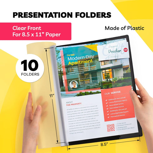 Report Covers - Report Covers with 3-Prong Fasteners Clear Front - Presentation Folders - Presentation Binder (10 Set, Plastic, 8.5x11") - Clear Front Report Covers - 3 Prong Folders by Paper Plan
