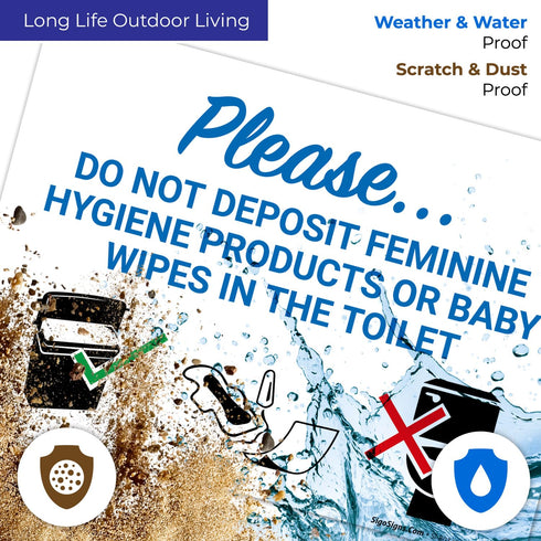 10x7 Inches, .040 Please Do Not Deposit Feminine Products Baby Wipes in Toilet with Graphic Sign, Rust Free Aluminum