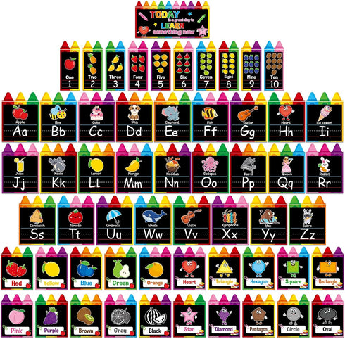 QOUBAI 57Pcs Alphabet Number Bulletin Board Set Crayon Letters Number Colors Shapes