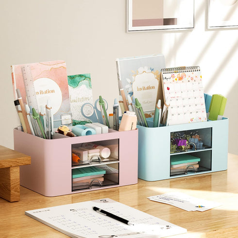 Marbrasse Pen Organizer with 2 Drawers, Multi-Functional Pencil Holder for Desk, 5 Compartments + Drawer for Office