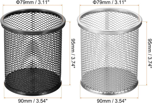 PATIKIL 2 Pack Mesh Pen Holder, Round Pencil Basket Cup Organizer for Desk Accessories, Silver Black Makeup Brush Holder