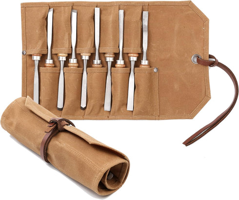 Wrench Roll Up Bag, 16oz Waxed Canvas Tool Carrier Pouch with 10 Slots, Tool Storage Roll with Tie Rope, Khaki