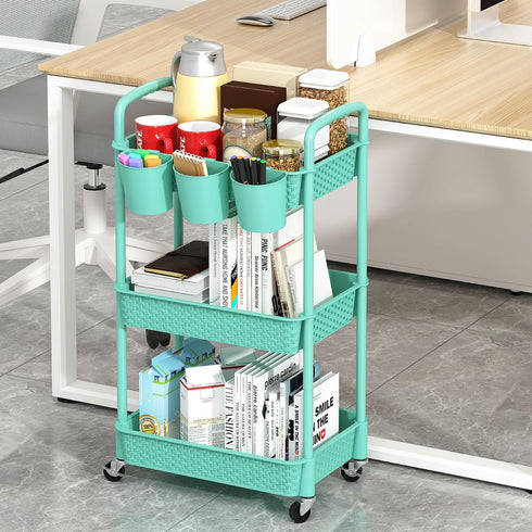 MOYIPIN 3-Tier 3 Plastic Rolling Utility Cart with Handle,Utility Storage Cart for Office, Living Room, Kitchen,Movable