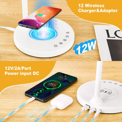 5 Dimmable Desk Lamp for Office Home, Gooseneck Desk Lamp with Wireless Charger, Touch Table Lamp with USB C+A Charging