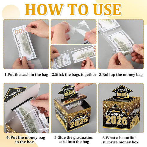 Sereliy 2026 Set Graduation Money Box for Cash Gift Pull, Black Gold Money Pull Box Gift Grad Suprise, Funny Graduation