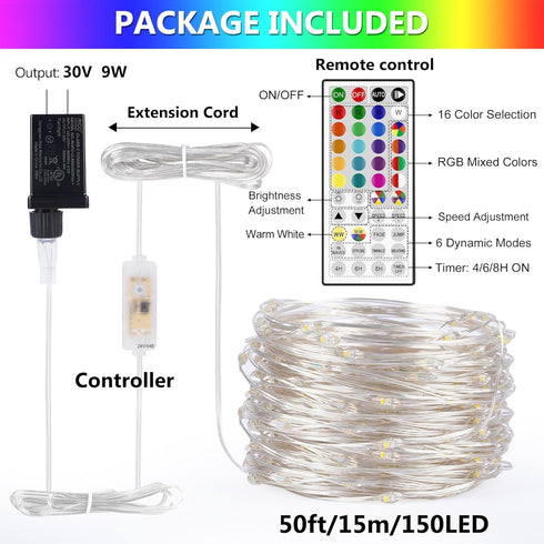 50ft Dimmable 25 14 Lights,150LED Fairy Lights Plug in, Colors Modes RGB+Warm White Color Changing String Twinkle