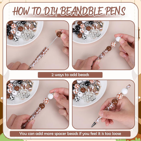 Whaline 110Pcs Cow Beadable Pens, Black and Brown Cow Print DIY Pens with Beads