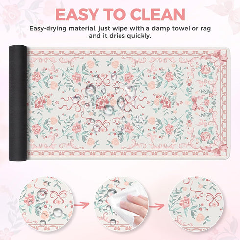 iCasso Pink Desk Mat for Desktop,Cute Desk Pad for Women,Girly Bow Mouse Pad with Stitched Edges,Non-Slip Large