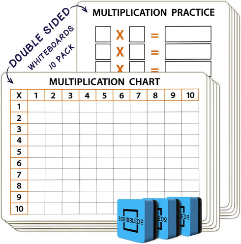 SCRIBBLEDO 10 Pack Dry Erase Multiplication Chart, 9" x 12" Double Sided Times Table Whiteboard for Kids
