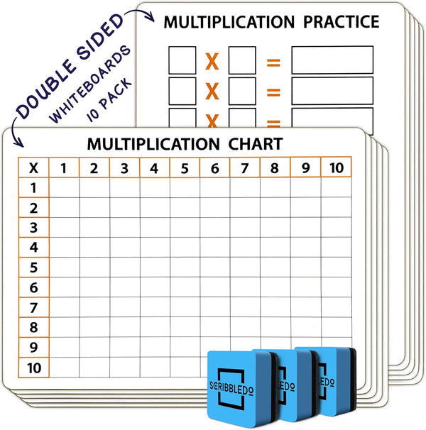 SCRIBBLEDO 10 Pack Dry Erase Multiplication Chart, 9" x 12" Double Sided Times Table Whiteboard for Kids