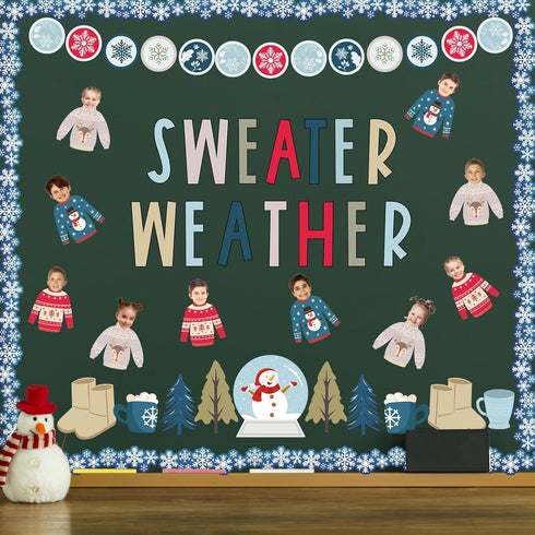 Whaline 85 Pcs Winter Bulletin Board Decoration Kit, Xmas Tree, Snowmen, Snowflake Cutouts for Home School Office Decor