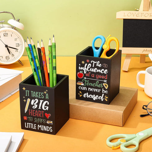 Teling 2 Pcs Wooden Teacher Desktop Pen Organizer, Pencil Holder, Color Pencil Organizer for School Office Home