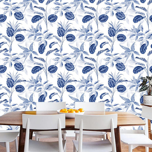 Palm Tree Leaf Navy Blue and White Floral Wallpaper Peel and Stick Tropical Wallpaper Jungle Contact Wall Paper Leaves Flower Watercolor Bathroom Removable Wallpaper 17.7in x 9.8ft by BaoHArtHome