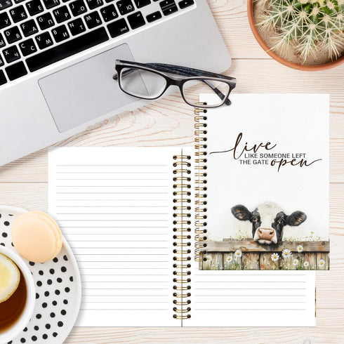 JRTW 5.5x8.3 Inch Live Like Someone Left the Gate Open Inspirational Cow Notebook Journal, Cow Lover Gifts