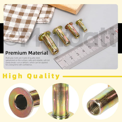 26Pcs M8 Zinc-Plated Multi-Grip Rivet Nut Flat Head Shank Insert Nut Gold Finish for Industrial Fasteners