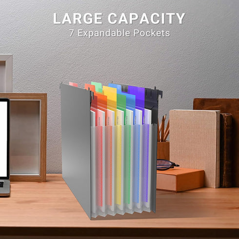 Plastic Expanding Hanging File Folders, 1/3-Cut Tab, 7 Pockets, Multi-Color Tabs, Large Capacity, Letter Size (6 PCS)