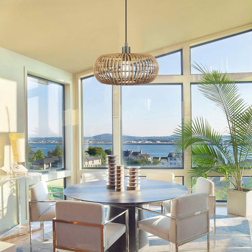 61063 1-Light GLOBE Electric x Novogratz Pendant Light Fixture, Rattan Shade, Black Socket, Braided Fabric Cord, Living