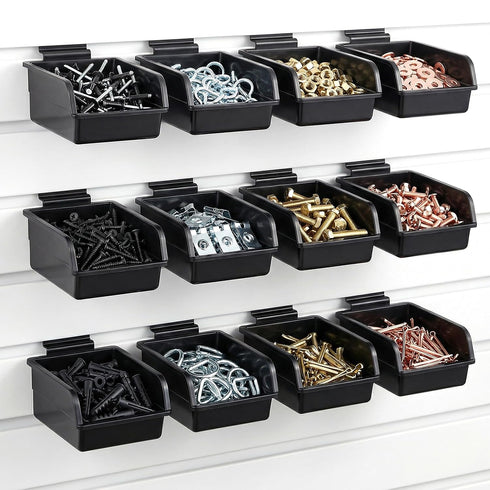 COMNICO 12 Pcs Slatwall Bins with Hooks, Plastic Slatwall Organizer Accessories Containers Workbench Bins for Slat Wall