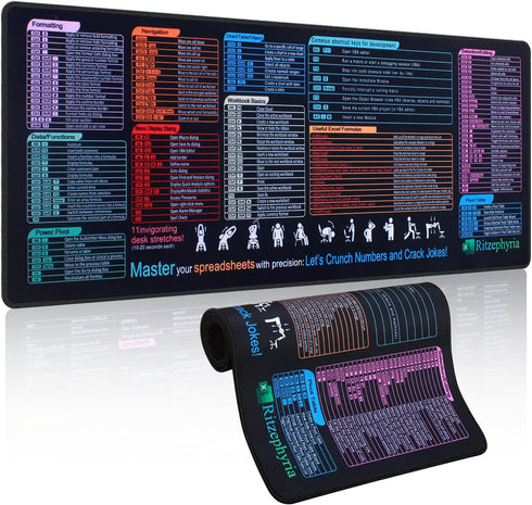 Ritzephyria Excel Cheat Sheet Desk Pad XL Excel Mouse Pad with Shortcuts Excel