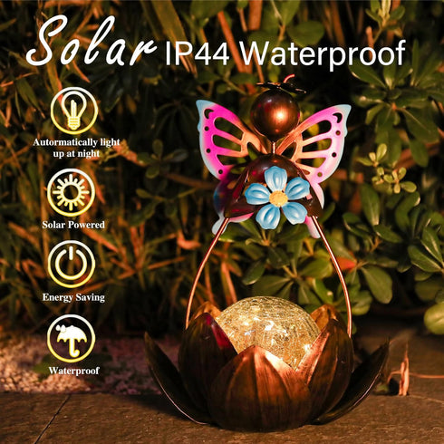 Afirst Solar Lights Outdoor, Solar Fairy Lotus Lamp Garden Decor Metal Crackle Glass Decorative Ball Waterproof