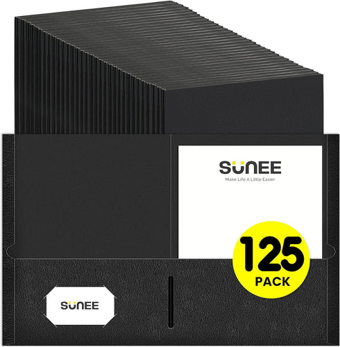 SUNEE Folders with Pockets, 125 Pack Black, 2 Pocket Folders Fit Letter Size Paper for School Office Home