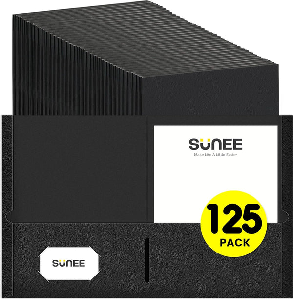 SUNEE Folders with Pockets, 125 Pack Black, 2 Pocket Folders Fit Letter Size Paper for School Office Home