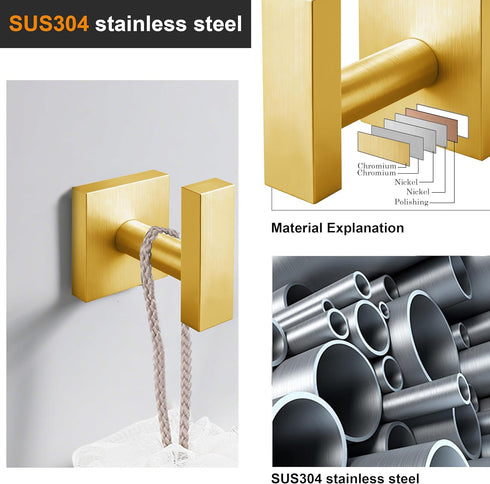 SUS304 4 Pack Towel Hooks for Bathrooms, Brushed Gold Towel Hook for Kitchen Bathroom, Stainless Steel Coat Hook