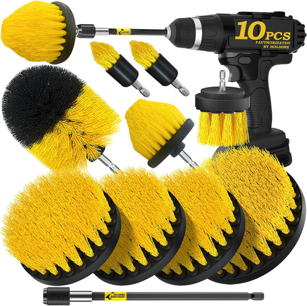 Holikme 10Pieces Drill Brush Attachments Set, Power Scrubber Brush with Long Attachment, Cleaning Supplies