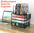 Mesh Desk Organizer - 3-IN-1 Desktop Organizer with 4 Tier Tray and 5 Upright Sections, Black File Organizer with Drawer
