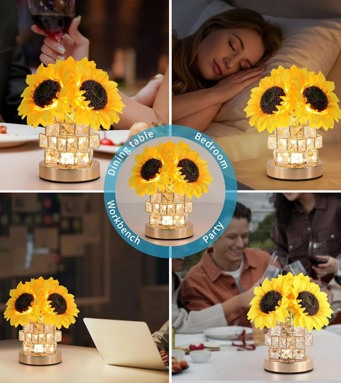 Lamp,3-Colour Dimming AIHYING Sunflowers Flower Lamp,Rechargeable Cordless Touch Infinitely Small Night Light,Crystal