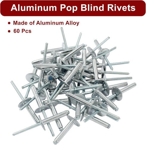 60 Pcs 3/16" x 1-3/16" Large Flange Aluminum Blind Rivets, Dome Head Pop Rivets for Installing Accessories, Silver