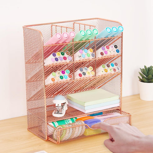 Spacrea Pen Holder Desk Organizer - Pencil Holder with 10 Compartments and 1 Drawer, Rose Gold