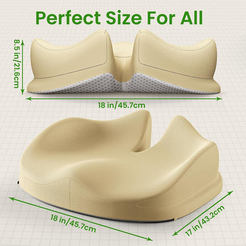 Benazcap Large Seat Cushion for Office Chair Memory Foam Coccyx Pain Relief Cushion Pillow for Back Support Non-Slip