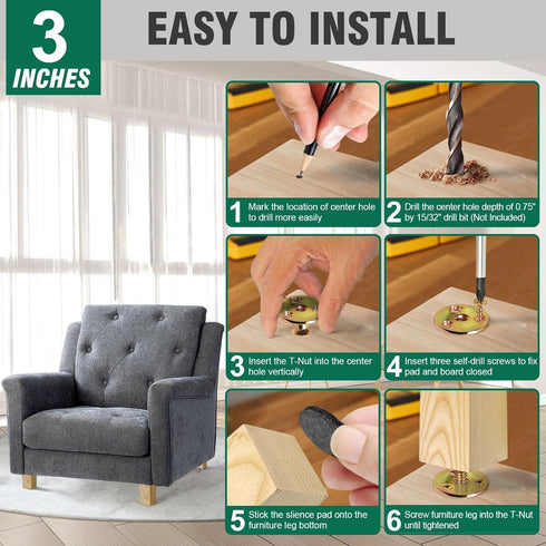 FoDau770 5/16"-18 3 Inch, Set 4, Bolts Square Furniture Legs Ash Wood Legs for Furniture of Mid Century Modern Feet