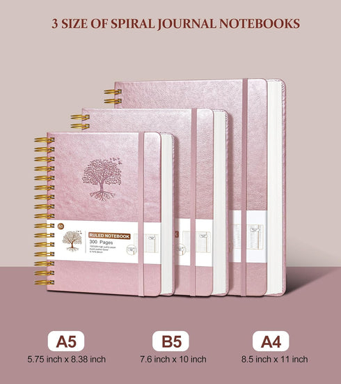 Lined Spiral Notebook Journal, 8.5"×11", 300 Pages Hardcover Leather Journals, A4 Large College Ruled Notebooks, Pink
