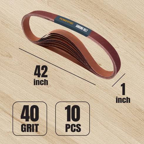 POWERTEC 414204A 1 x 42 Inch Sanding Belts, 40 Grit Aluminum Oxide for Belt Sander, 10PK