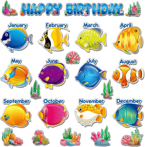 Under The Sea Birthday Bulletin Board Set, Ocean Theme Classroom Decorations, Sea Animals, Tropical Fish Cutouts, Wall