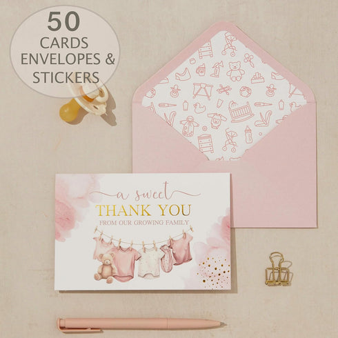 50 Pack Baby Shower Thank You Cards - Baby Girl Thank You Notes with Assorted Envelopes & Stickers - Cute Pink