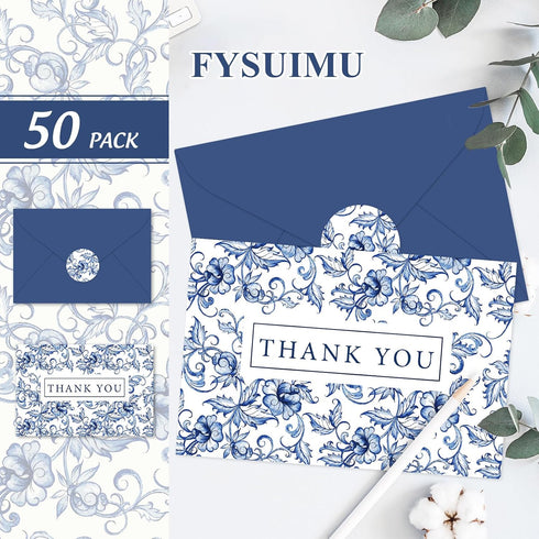 50 Pack 4 6 Inch FYSUIMU Blue White Floral Thank You Cards Boxed Chinoiserie Flower Greeting Cards With Envelopes