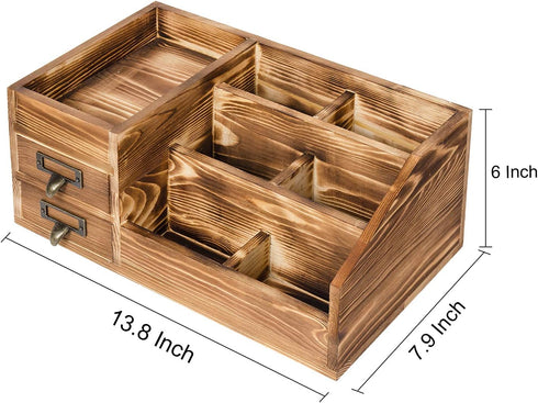 Liry Products Rustic Wooden Desktop Organizer, Brown Tabletop Storage Cabinet with 2 Tier Drawers, Multiple Compartments