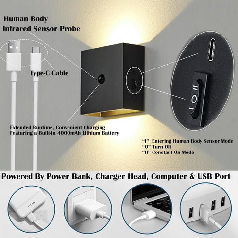Smart Magnetic USB Rechargeable Wall Sconces - Motion Sensor LED Wall Lamp, Battery Operated Wireless Wall Light